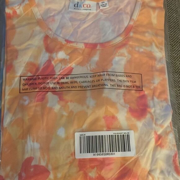 Denim & Co Womens 2X Jersey 3/4 Sleeve Watercolor Print Top Melon Round Neck NWT - Picture 1 of 4